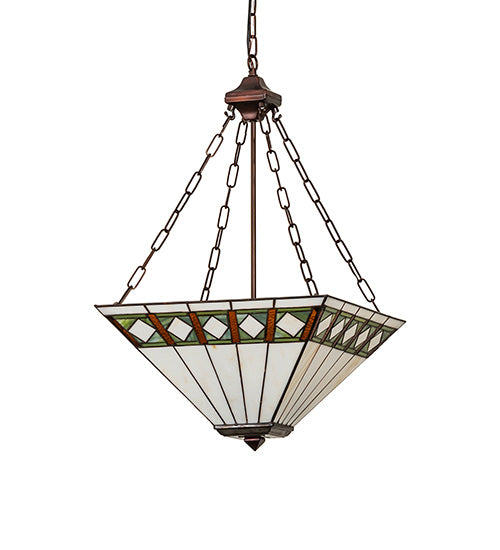 Meyda Lighting Diamond Band Mission 24" 4-Light Mahogany Bronze Inverted Pendant Light With Green & Beige Shade Glass