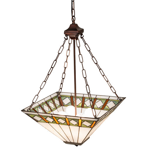 Meyda Lighting Diamond Band Mission 24" 4-Light Mahogany Bronze Inverted Pendant Light With Green & Beige Shade Glass