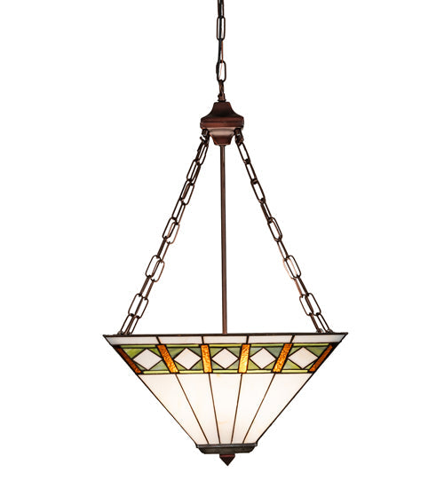 Meyda Lighting Diamond Band Mission 24" 4-Light Mahogany Bronze Inverted Pendant Light With Green & Beige Shade Glass