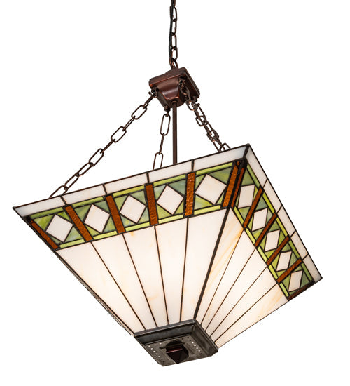 Meyda Lighting Diamond Band Mission 24" 4-Light Mahogany Bronze Inverted Pendant Light With Green & Beige Shade Glass
