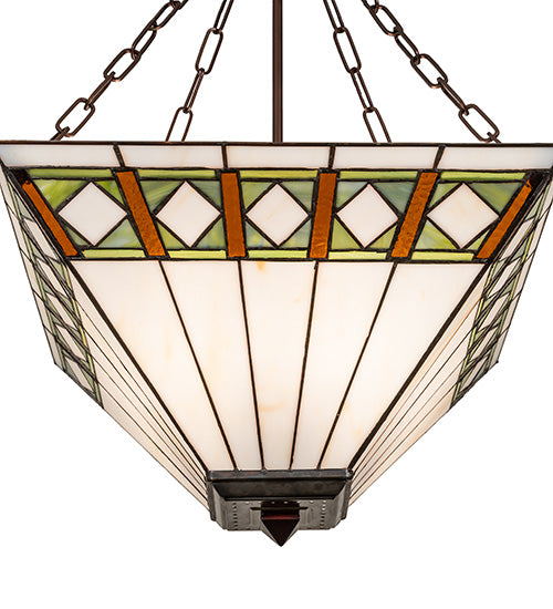 Meyda Lighting Diamond Band Mission 24" 4-Light Mahogany Bronze Inverted Pendant Light With Green & Beige Shade Glass