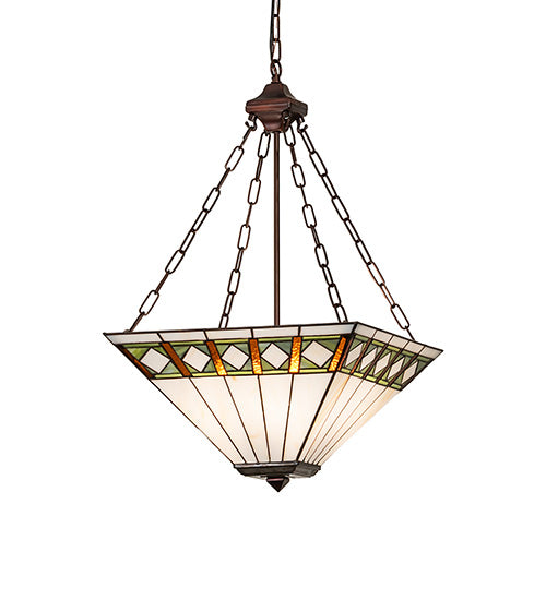 Meyda Lighting Diamond Band Mission 24" 4-Light Mahogany Bronze Inverted Pendant Light With Green & Beige Shade Glass