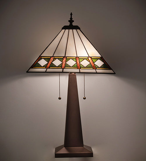 Meyda Lighting Diamond Band Mission 258383 24" 2-Light Mahogany Bronze Table Lamp With Multi-Colored Shade Glass