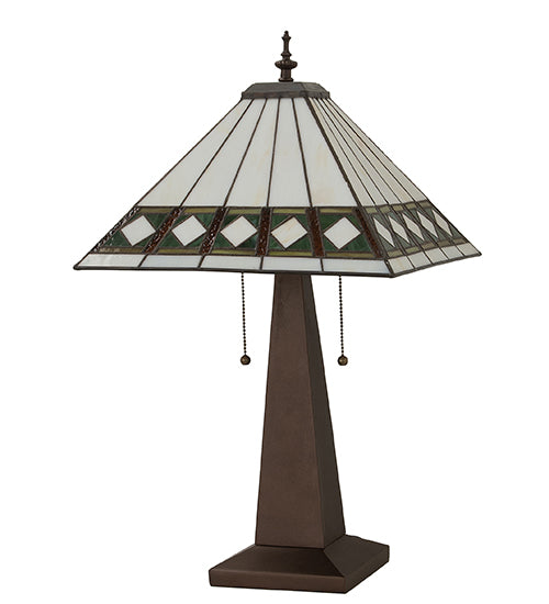 Meyda Lighting Diamond Band Mission 258383 24" 2-Light Mahogany Bronze Table Lamp With Multi-Colored Shade Glass
