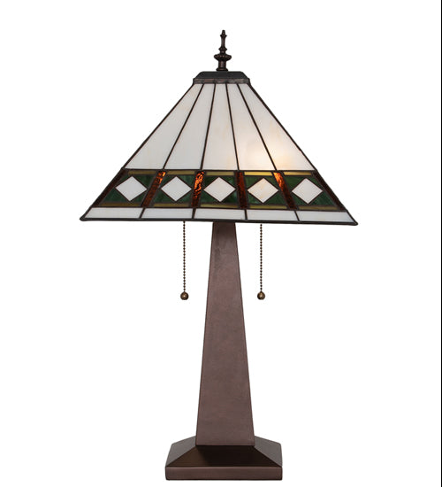 Meyda Lighting Diamond Band Mission 258383 24" 2-Light Mahogany Bronze Table Lamp With Multi-Colored Shade Glass