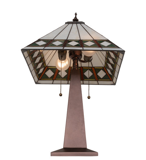 Meyda Lighting Diamond Band Mission 258383 24" 2-Light Mahogany Bronze Table Lamp With Multi-Colored Shade Glass