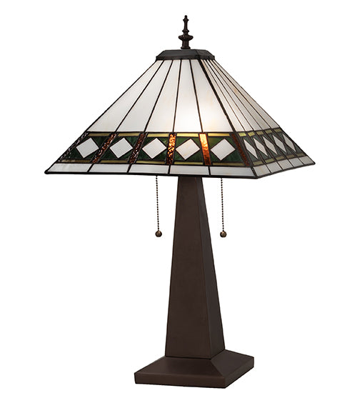 Meyda Lighting Diamond Band Mission 258383 24" 2-Light Mahogany Bronze Table Lamp With Multi-Colored Shade Glass