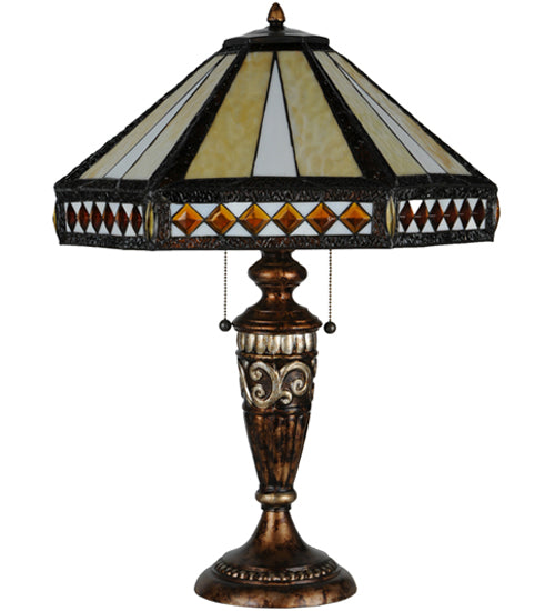 Meyda Lighting Diamond Band Mission 27" 2-Light Aged Bronze Table Lamp With Multi-Colored Shade Glass