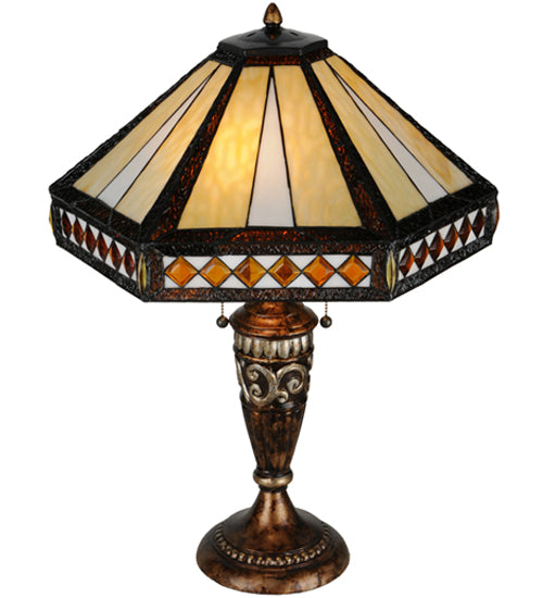 Meyda Lighting Diamond Band Mission 27" 2-Light Aged Bronze Table Lamp With Multi-Colored Shade Glass