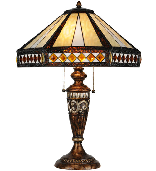 Meyda Lighting Diamond Band Mission 27" 2-Light Aged Bronze Table Lamp With Multi-Colored Shade Glass