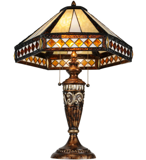 Meyda Lighting Diamond Band Mission 27" 2-Light Aged Bronze Table Lamp With Multi-Colored Shade Glass