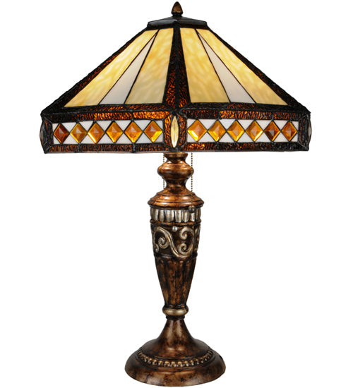 Meyda Lighting Diamond Band Mission 27" 2-Light Aged Bronze Table Lamp With Multi-Colored Shade Glass