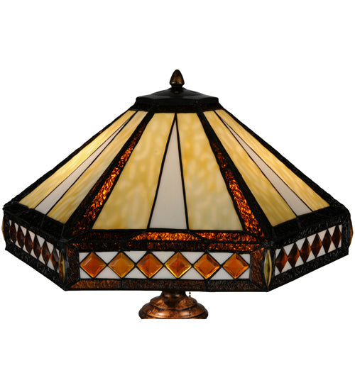 Meyda Lighting Diamond Band Mission 27" 2-Light Aged Bronze Table Lamp With Multi-Colored Shade Glass