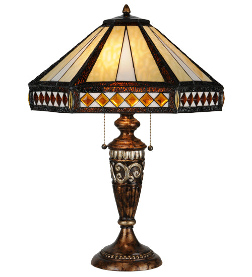Meyda Lighting Diamond Band Mission 27" 2-Light Aged Bronze Table Lamp With Multi-Colored Shade Glass