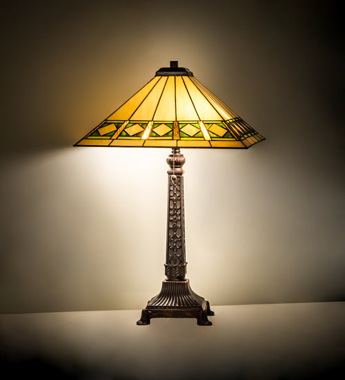 Meyda Lighting Diamond Band Mission 27" 2-Light Mahogany Bronze Table Lamp With Multi-Colored Shade Glass