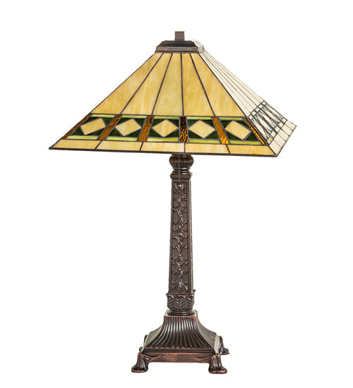 Meyda Lighting Diamond Band Mission 27" 2-Light Mahogany Bronze Table Lamp With Multi-Colored Shade Glass