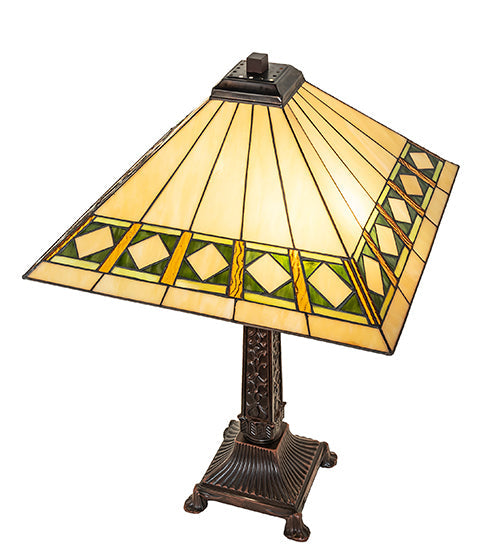 Meyda Lighting Diamond Band Mission 27" 2-Light Mahogany Bronze Table Lamp With Multi-Colored Shade Glass