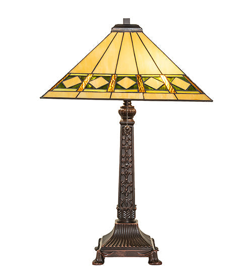 Meyda Lighting Diamond Band Mission 27" 2-Light Mahogany Bronze Table Lamp With Multi-Colored Shade Glass