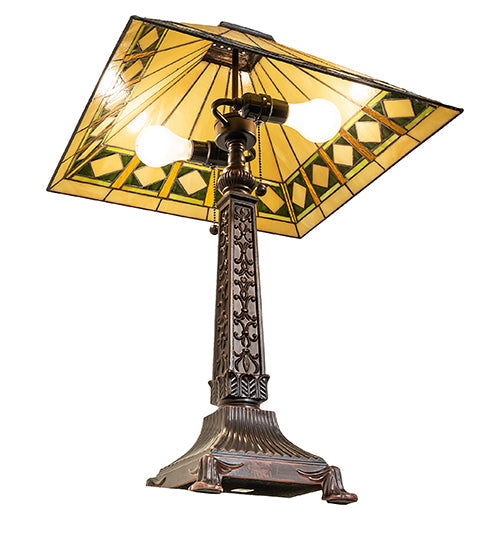 Meyda Lighting Diamond Band Mission 27" 2-Light Mahogany Bronze Table Lamp With Multi-Colored Shade Glass