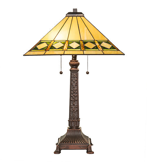Meyda Lighting Diamond Band Mission 27" 2-Light Mahogany Bronze Table Lamp With Multi-Colored Shade Glass