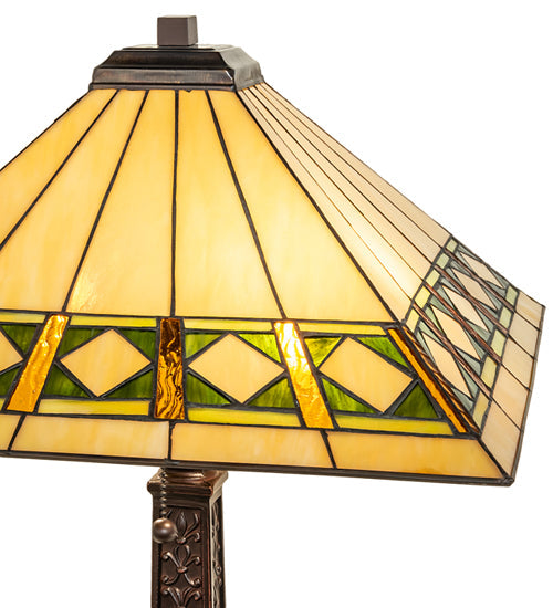 Meyda Lighting Diamond Band Mission 27" 2-Light Mahogany Bronze Table Lamp With Multi-Colored Shade Glass