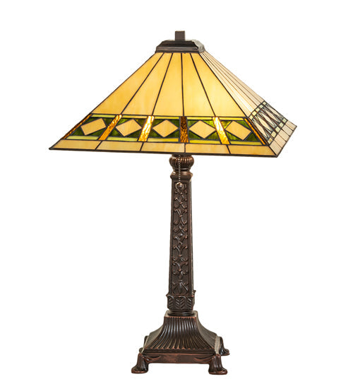 Meyda Lighting Diamond Band Mission 27" 2-Light Mahogany Bronze Table Lamp With Multi-Colored Shade Glass
