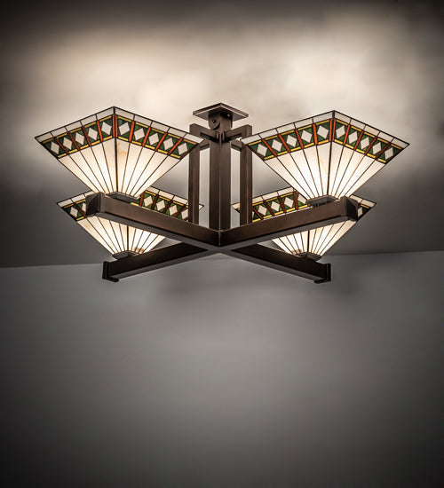 Meyda Lighting Diamond Band Mission 47"Sq 4-Light Mahogany Bronze Inverted Pendant Light With Multi-Colored Stained Shade Glass