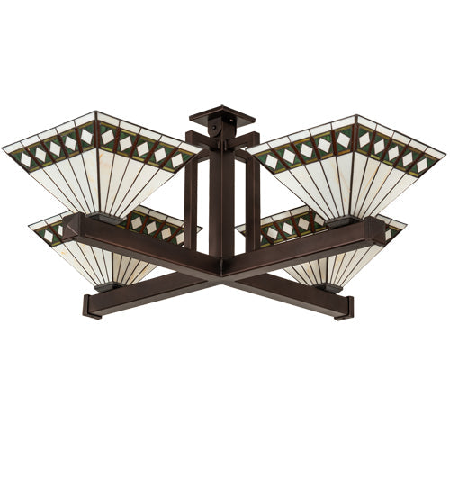 Meyda Lighting Diamond Band Mission 47"Sq 4-Light Mahogany Bronze Inverted Pendant Light With Multi-Colored Stained Shade Glass