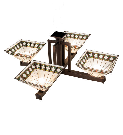 Meyda Lighting Diamond Band Mission 47"Sq 4-Light Mahogany Bronze Inverted Pendant Light With Multi-Colored Stained Shade Glass