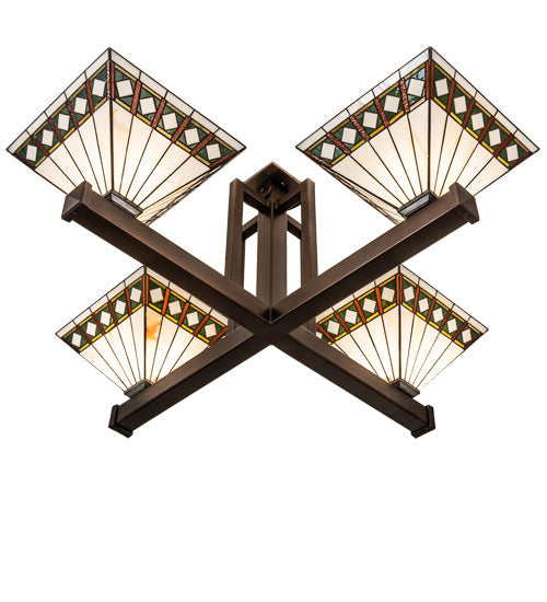 Meyda Lighting Diamond Band Mission 47"Sq 4-Light Mahogany Bronze Inverted Pendant Light With Multi-Colored Stained Shade Glass