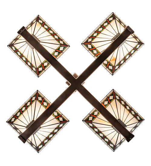 Meyda Lighting Diamond Band Mission 47"Sq 4-Light Mahogany Bronze Inverted Pendant Light With Multi-Colored Stained Shade Glass