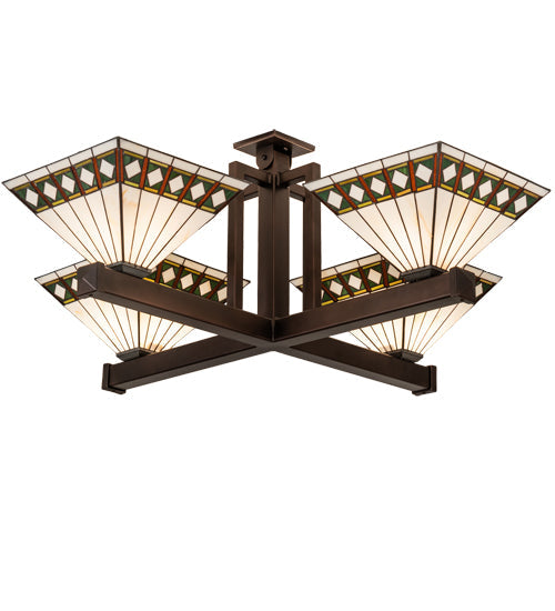 Meyda Lighting Diamond Band Mission 47"Sq 4-Light Mahogany Bronze Inverted Pendant Light With Multi-Colored Stained Shade Glass