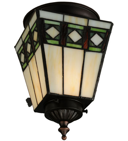 Meyda Lighting Diamond Band Mission 7" Mahogany Bronze Flush Mount Light With Multi-Colored Shade Glass
