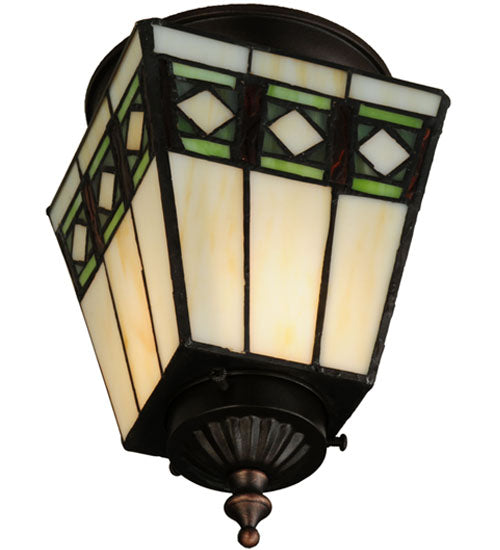 Meyda Lighting Diamond Band Mission 7" Mahogany Bronze Flush Mount Light With Multi-Colored Shade Glass