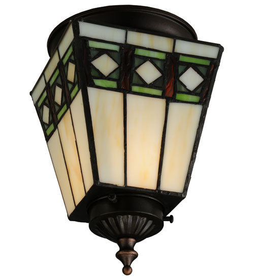 Meyda Lighting Diamond Band Mission 7" Mahogany Bronze Flush Mount Light With Multi-Colored Shade Glass