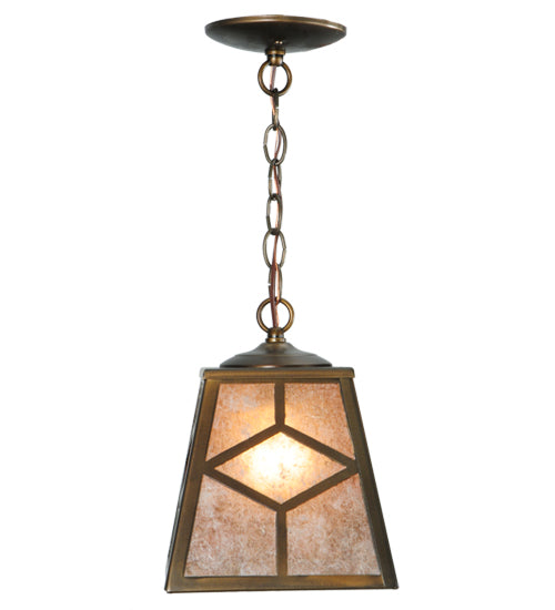 Meyda Lighting Diamond Craftsman 11" Antique Copper Mini Pendant Light With Silver Mica Shade Glass
