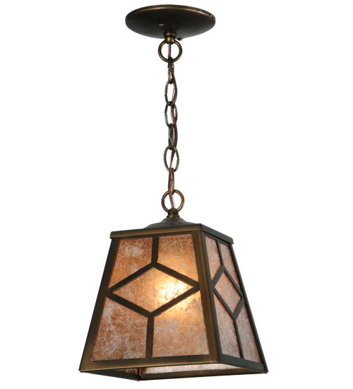 Meyda Lighting Diamond Craftsman 11" Antique Copper Mini Pendant Light With Silver Mica Shade Glass