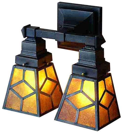 Meyda Lighting Diamond Craftsman 12" 2-Light Mahogany Bronze Wall Sconce With Amber Mica Shade Glass