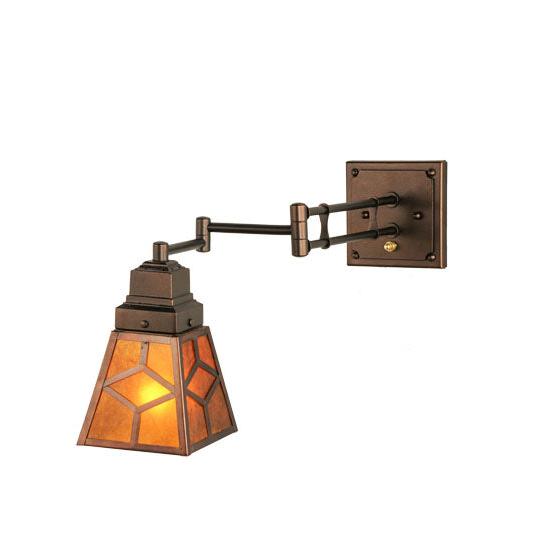 Meyda Lighting Diamond Craftsman 14" Mahogany Bronze Swing Arm Wall Sconce With Amber Mica Shade Glass