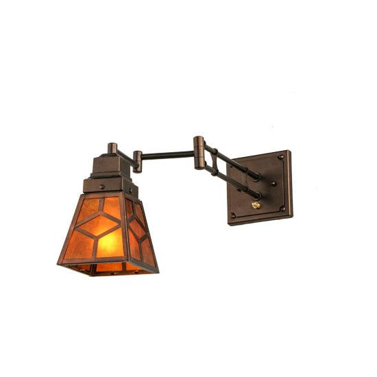 Meyda Lighting Diamond Craftsman 14" Mahogany Bronze Swing Arm Wall Sconce With Amber Mica Shade Glass