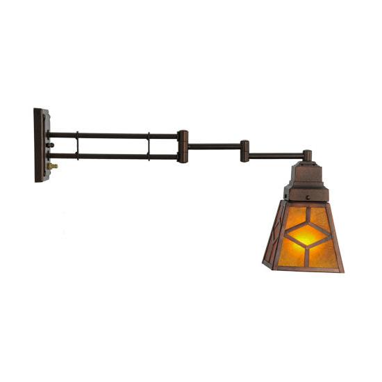 Meyda Lighting Diamond Craftsman 14" Mahogany Bronze Swing Arm Wall Sconce With Amber Mica Shade Glass