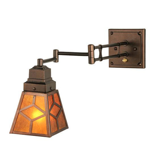 Meyda Lighting Diamond Craftsman 14" Mahogany Bronze Swing Arm Wall Sconce With Amber Mica Shade Glass