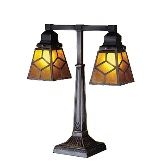 Meyda Lighting Diamond Craftsman 20" 2-Light 2-Arm Mahogany Bronze Desk Table Lamp With Amber Mica Shade Glass
