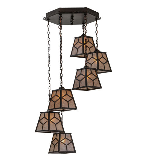 Meyda Lighting Diamond Craftsman 27" 6-Light Mahogany Bronze Cascading Pendant Light With Silver Mica Shade Glass