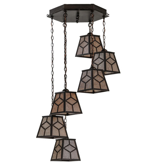 Meyda Lighting Diamond Craftsman 27" 6-Light Mahogany Bronze Cascading Pendant Light With Silver Mica Shade Glass
