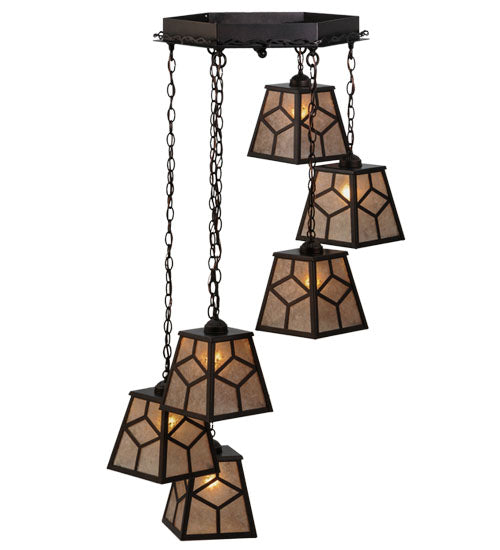 Meyda Lighting Diamond Craftsman 27" 6-Light Mahogany Bronze Cascading Pendant Light With Silver Mica Shade Glass