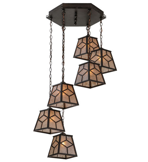 Meyda Lighting Diamond Craftsman 27" 6-Light Mahogany Bronze Cascading Pendant Light With Silver Mica Shade Glass