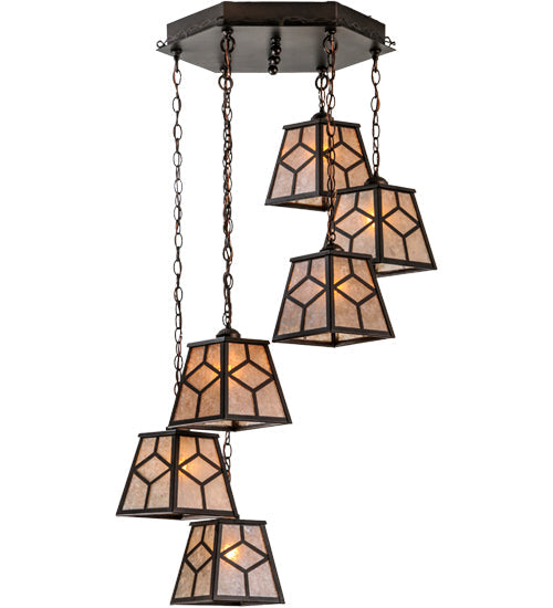 Meyda Lighting Diamond Craftsman 27" 6-Light Mahogany Bronze Cascading Pendant Light With Silver Mica Shade Glass