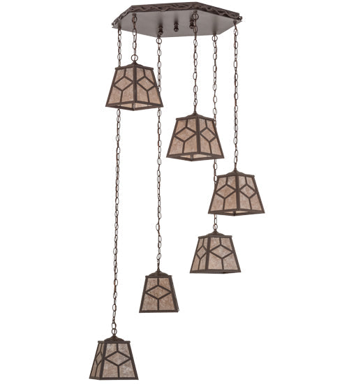 Meyda Lighting Diamond Craftsman 32" 6-Light Cafe Noir Cascading Pendant Light With Silver Mica Shade Glass
