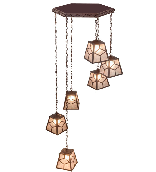 Meyda Lighting Diamond Craftsman 32" 6-Light Cafe Noir Cascading Pendant Light With Silver Mica Shade Glass